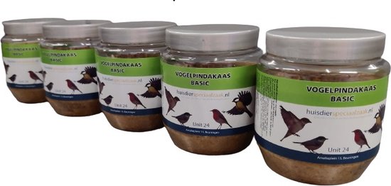 Huisdierspeciaalzaak. 5 potten vogelpindakaas. Plastic potten á 350 gram. Tuinvogelvoer