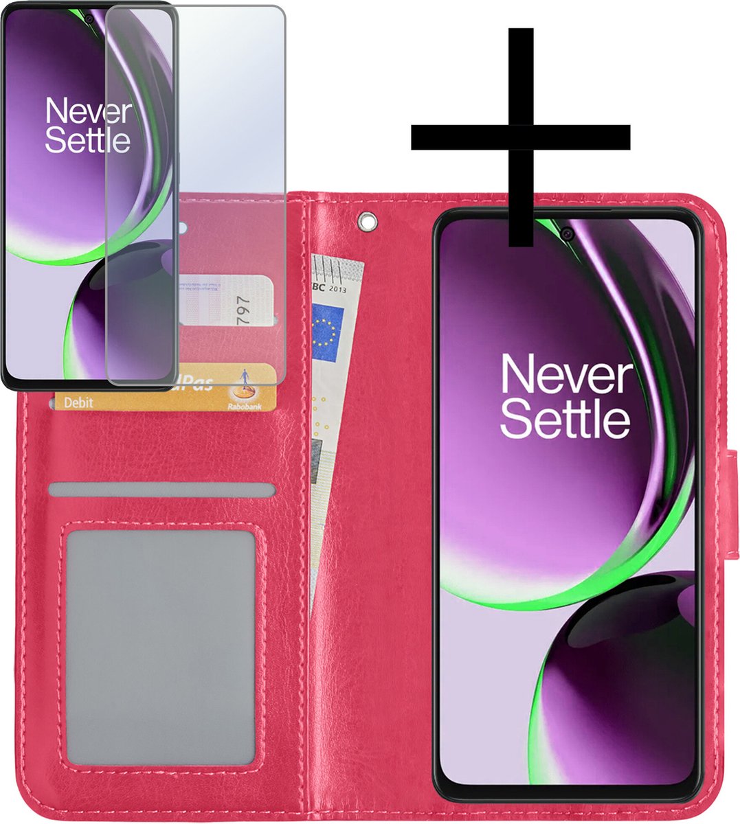 Hoesje - Met Screenprotector - Geschikt voor OnePlus Nord CE 3 Lite - Luxe Pasjeshouder - Bookcase Portemonee - Flip Case - Kunstleer Book Case - Flipcase - Book Cover - Walletcase - Portemonneehoes - Donkerroze