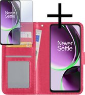 Hoes Geschikt voor OnePlus Nord CE 3 Lite Hoesje Book Case Hoes Flip Cover Wallet Bookcase Met Screenprotector - Donkerroze