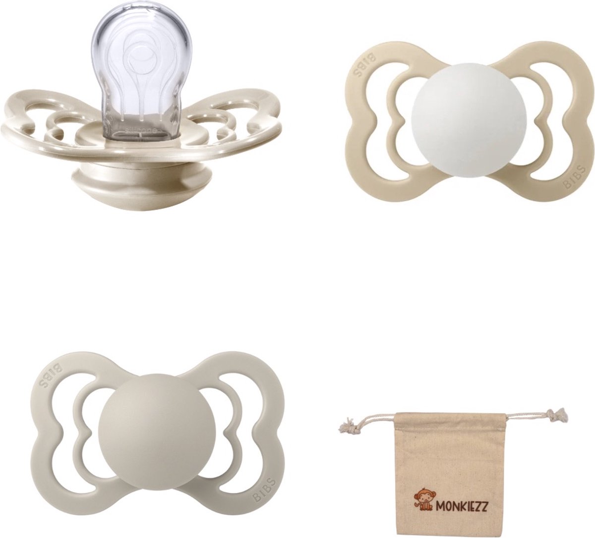 Goedkoopste BIBS Supreme Fopspenen - Maat 2 6-18 maanden - Silicone - Vanilla - Sand – Glow in the dark Vanilla Monkiezz speenzakje