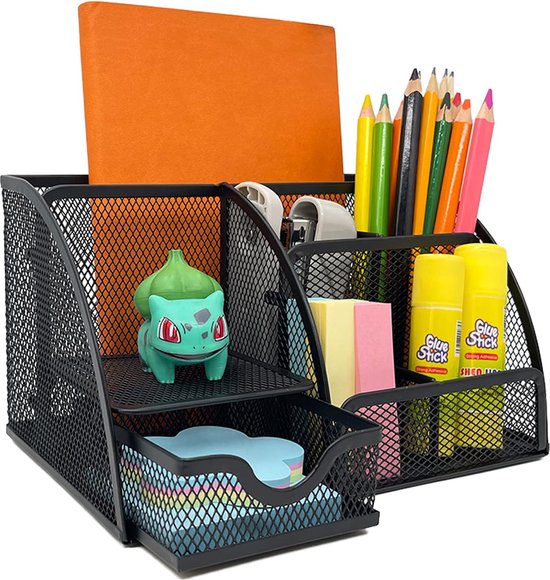 Bureau-organizer, bureauset, bureau-organizer met lade en penhouder, bureau- organizer met 4 vakken, grote capaciteit, pennenhouder voor thuis, kantoor en school