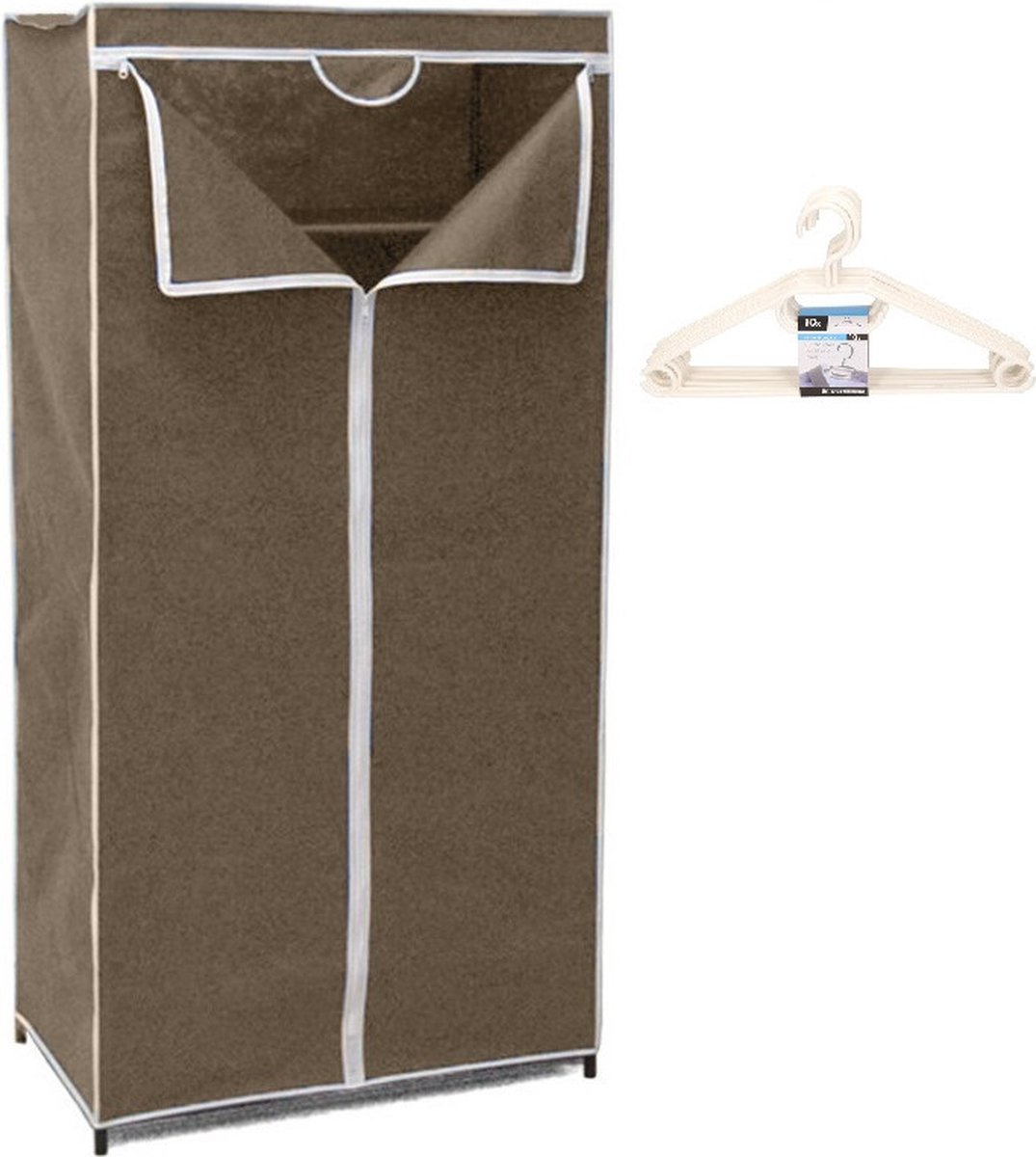 Mobiele opvouwbare kledingkast bruin 75 x 46 x 160 cm incl. 10 witte kledinghangers