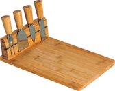 Bamboe houten kaasplank met messen set 20 x 30 x 8 cm - Serveerplank - Kaasplateau met kaasmessen - Borrelplank - Tapasplank