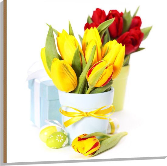 Hout - Tulpen - Bloemen - Paasei - Strikje - Cadeautje - Bloempot - 100x100 cm - 9 mm dik - Foto op Hout (Met Ophangsysteem)