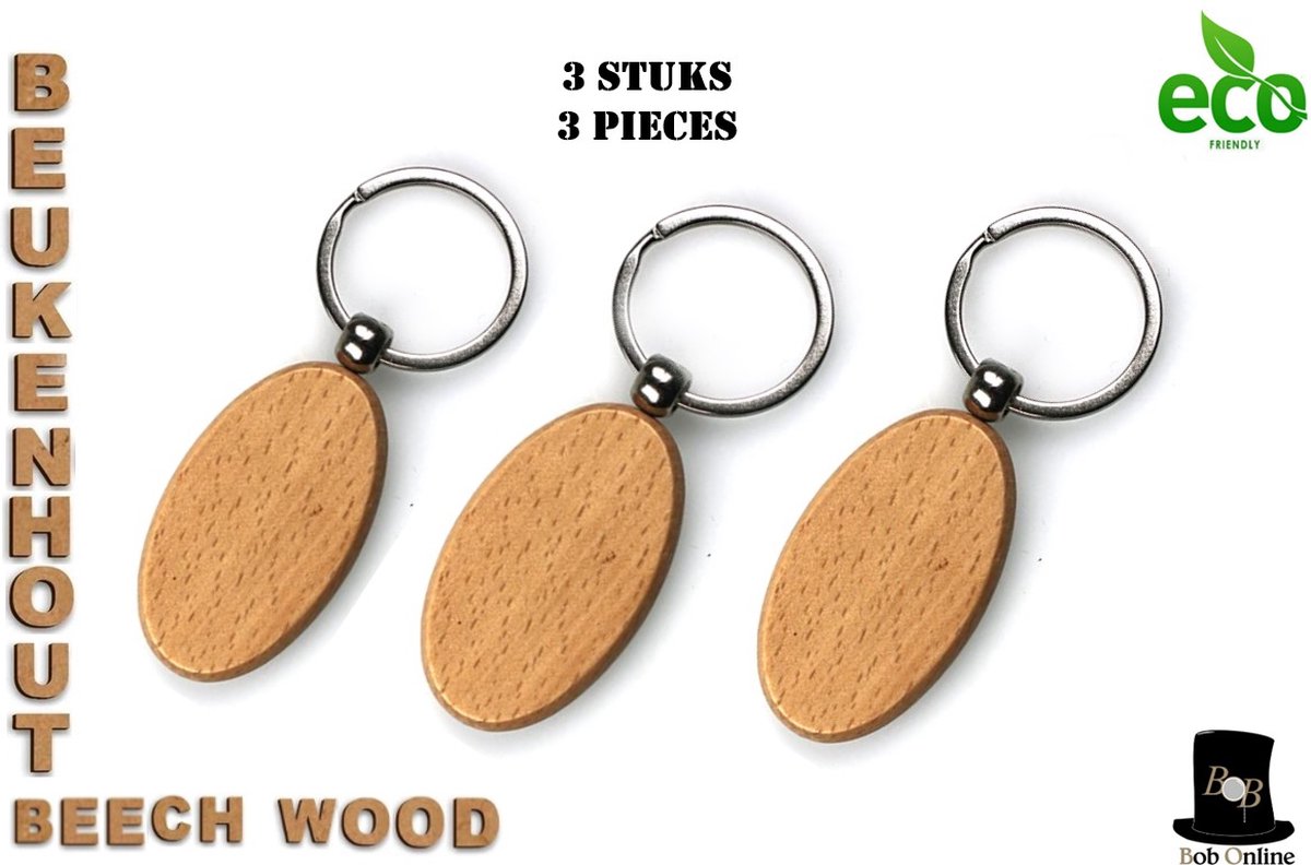 Bob Online™ - 3 Stuks – Houten Ovaal Sleutelhangers – Beukenhout Sleutelhangers – Wooden Oval Keyrings – Sleutelhangers – Duurzaam sleutelhangers – Houten sleutelhangers – Ovaal Vorm Sleutelhangers – Oval Shaped Keyrings – RVS & Houten Sleutelhangers