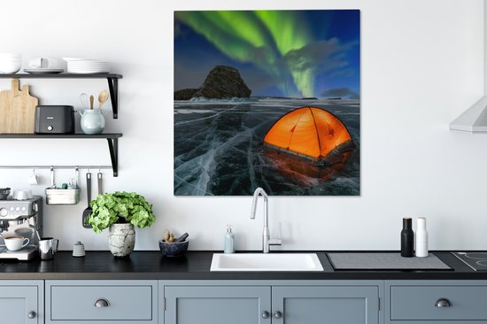 Tableau sur toile Aurores Boréales - Tente - Glace - Scandinavie - 90x90 cm - Décoration murale