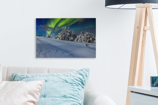Aurores boréales au-dessus d'un paysage d'hiver avec des arbres toile 2cm 30x20 cm - petit - Tirage photo sur toile (Décoration murale salon / chambre) / phénomènes naturels Peintures sur toile