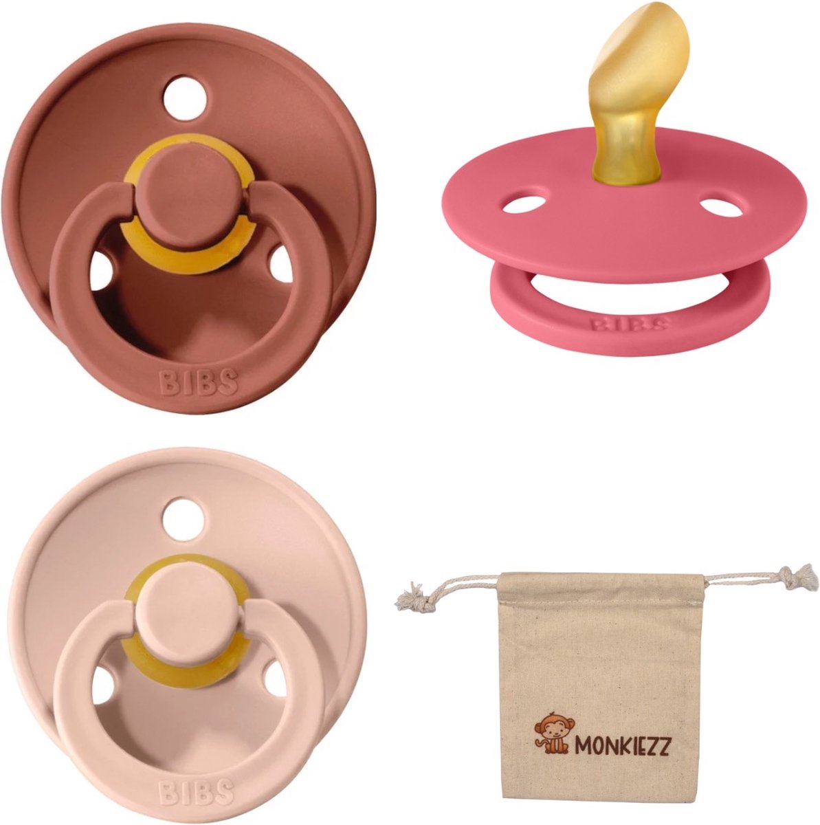 Goedkoopste Bibs Dental fopspenen Anatomical 0-6 maanden- Set 3 stuks- Blush, Woodchuck, Coral- Monkiezz speenzakje - orthodontisch- Anatomisch- Maat 1