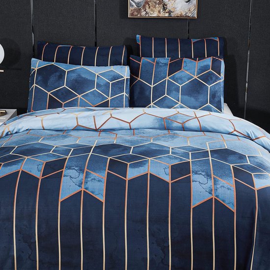 Mitchell Beddengoed, 135 x 200 cm, bleu, carreaux, marbre, parure de lit réversible, géométrique moderne, dekbedovertrek éclair et 1 taie d'oreiller, 80 x 80 cm