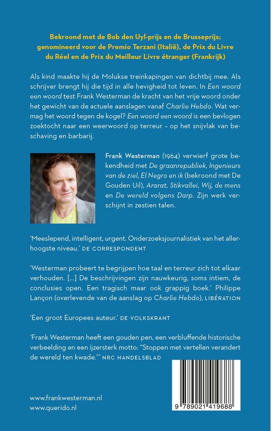 Boekomslag met portret van Frank Westerman en tekst uit "Een woord een woord".