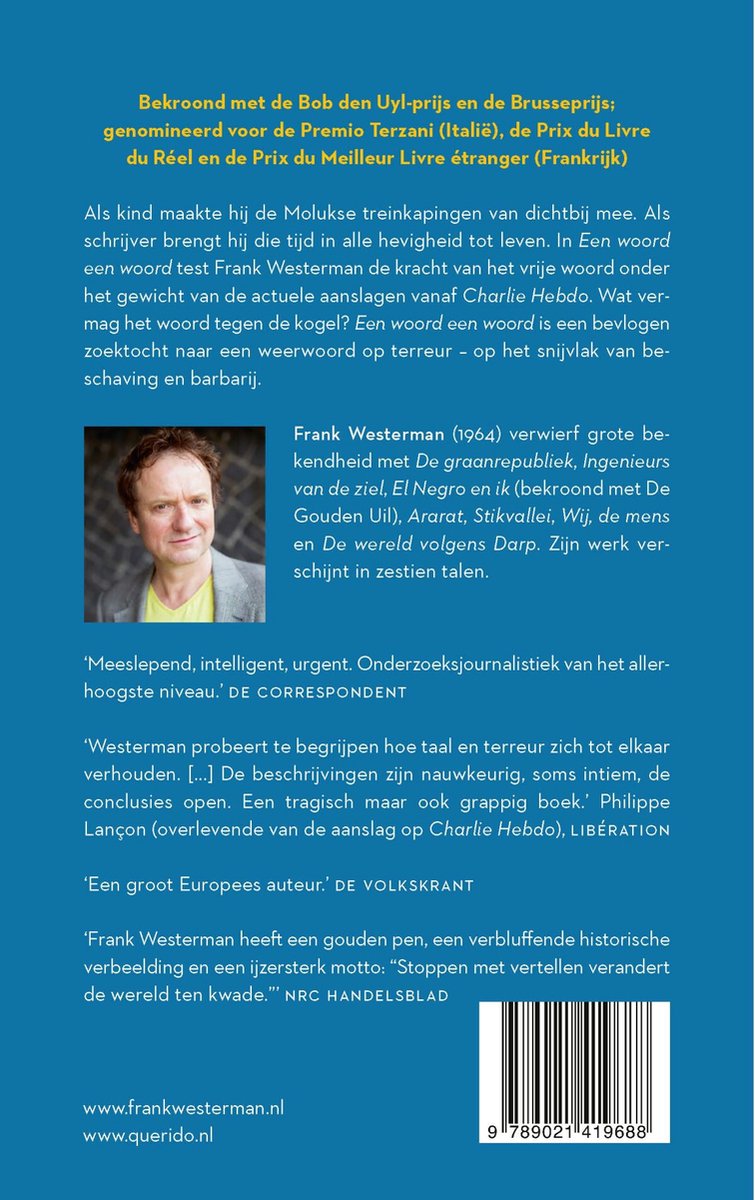 Boekomslag met portret van Frank Westerman en tekst uit "Een woord een woord".