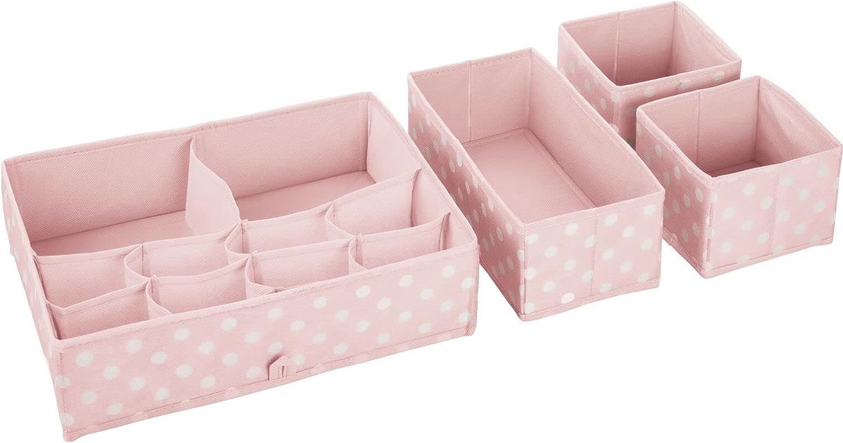 Opbergdozen, van stuff, opbergdozen voor in lades, met in totaal 13 vakken, organizer voor onder meer kleding, cosmetica, luiers, doeken en lotion., set van 4, roze/wit