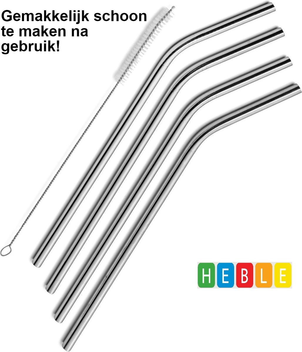 Herbruikbare RVS/Stalen Drink Rietjes Krom - Set: 4-stuks - met Schoonmaakborstels - Ideaal voor Cocktails en Smoothies - Perfect voor elke Gelegenheid! van Heble®