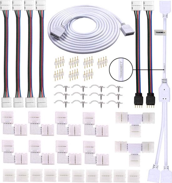TRANSNECT - Led Strip Connector Kit- Led Strip Connector Kit - Sans soudure - RVB - 4 broches - 10mm - 47 pièces