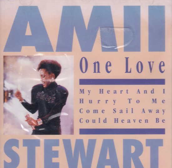 Amii Stewart op de albumcover "One Love", met op de voorgrond een kleine foto van haar in een zwart glimmend pak.