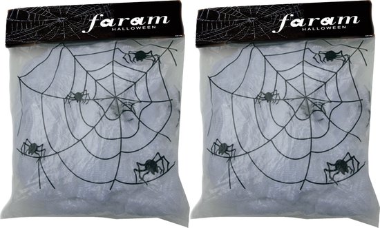 Faram Decoratie spinnenweb/spinrag met spinnen - 2x - 50 gram - wit - Halloween/horror thema versiering