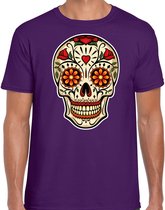 Bellatio Decorations Sugar Skull t-shirt heren - paars - Day of the Dead - punk/rock/tattoo thema M