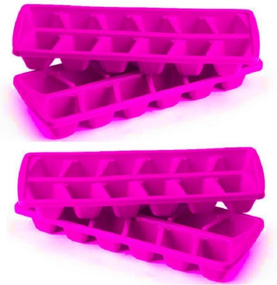 PlasticForte IJsblokjesvormen set 4x stuks met deksel - 24 ijsklontjes - kunststof - roze