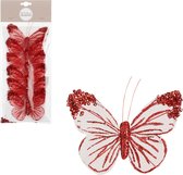 House of Seasons decoratie vlinders op clip - 6x stuks - rood/wit - 10 cm
