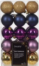 Boules de Noël Decoris - 30x - 6 cm - plastique - or/bleu/violet
