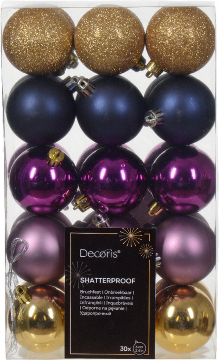 Bol.com Decoris kerstballen - 30x - 6 cm -kunststof - goud/blauw/paars aanbieding