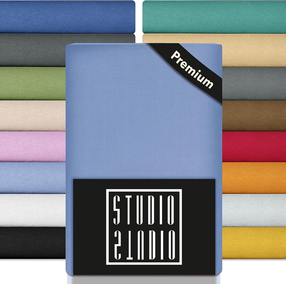 Studio Premium hoeslaken 90-120 x 200-220 cm, Made in Green/EU, 97% kamd katoen/3% elastaan, hoeslaken hoge matrassen, boxspringbedden, waterbedden tot 35 cm, poeder blauw