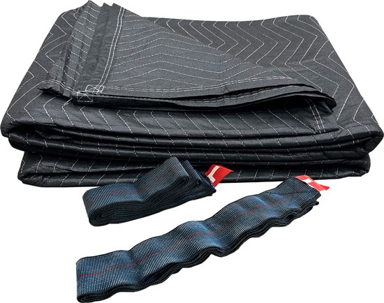 Grijze verhuisdekens met zigzag stiksel, opgevouwen met twee bijpassende verhuisbanden.
