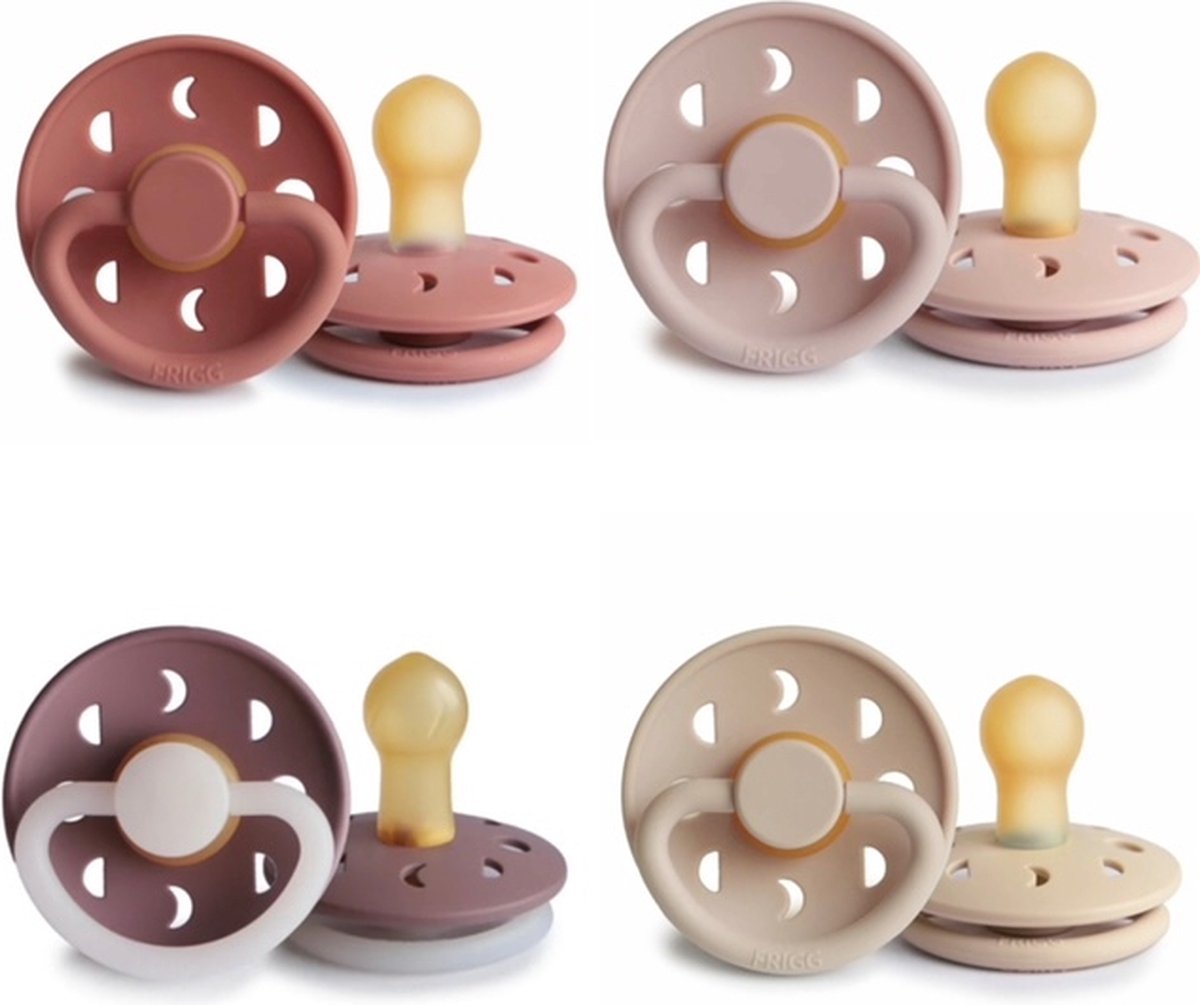 Goedkoopste Frigg Moon Fopspeen set 4 stuks Powder Blush,Blush,Twilight Mauve Moon Night en Croissant 0-6 maand maat 1