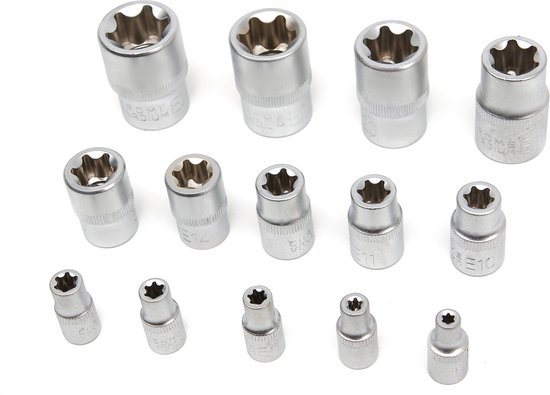 Veertien zilverkleurige inwendige torx doppen in verschillende maten, los op een witte achtergrond.