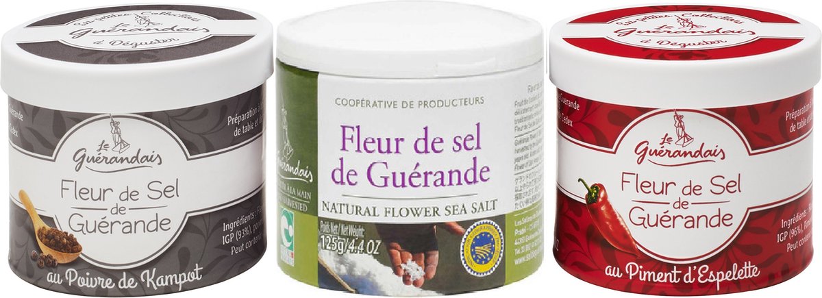 Le Guérande 3 x Fleur de Sel: 1 x naturel, 1 x met espelette peper, 1 x Kampot peper