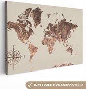 Canvas Wereldkaart - 30x20 - Wanddecoratie Wereldkaart - Hout - Windroos