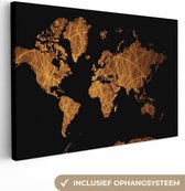 Canvas Wereldkaart - 140x90 - Wanddecoratie Wereldkaart - Zwart - Goud