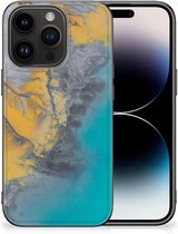 Telefoonhoesje Geschikt voor iPhone 15 Pro Leuk Hoesje met Zwarte rand Marble Blue Gold