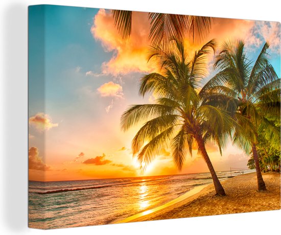 Canvas Schilderij Strand - Zee - Goud - Zonsondergang - 60x40 cm - Wanddecoratie