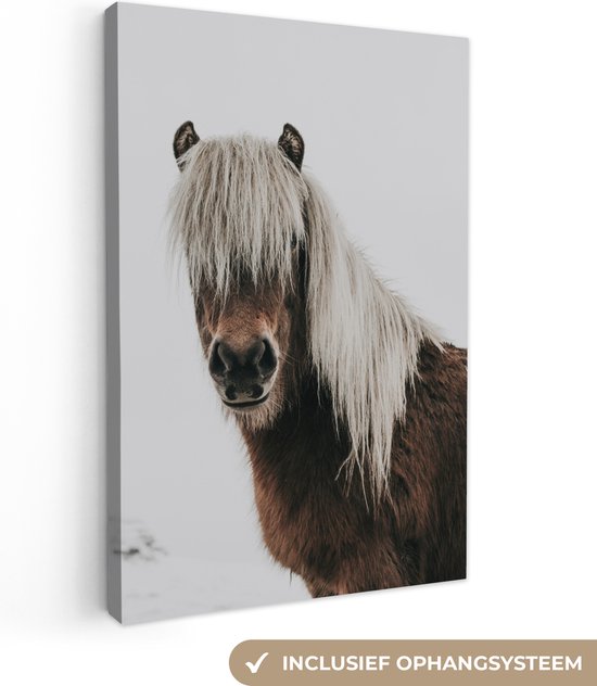 Canvas schilderij paarden - Canvas doek - Kids - Paard - Dieren - Sneeuw - Wit - Canvas kinderen - Wanddecoratie meisjes - Jongens - 90x140 cm