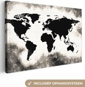 Canvas Wereldkaart - 30x20 - Wanddecoratie Wereldkaart - Zwart - Wit - Hout