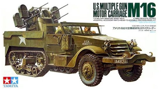 Kit de modèle M16 vert Multiple Gun Motor Carriage avec chenilles et quatre mitrailleuses. Tamiya.