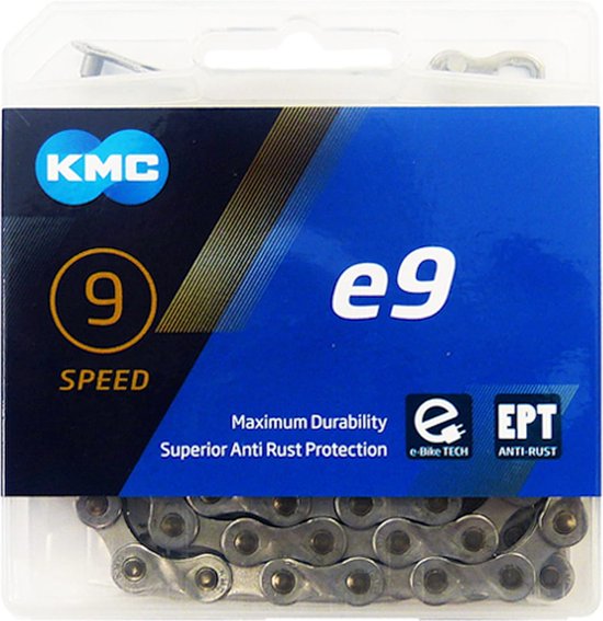 KMC e9 9-speed fietsketting in verpakking, met "Maximum Durability" en "Superior Anti Rust Protection".