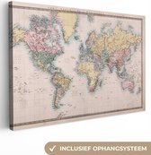 Canvas Wereldkaart - 90x60 - Wanddecoratie Wereldkaart - Vintage - Wereld - Kinderen - Jongens - Meisjes