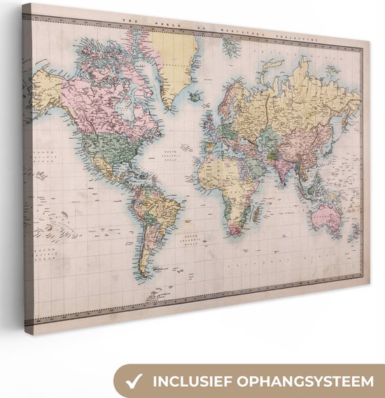 Canvas Wereldkaart - 90x60 - Wanddecoratie Wereldkaart - Vintage - Wereld - Kinderen - Jongens - Meisjes