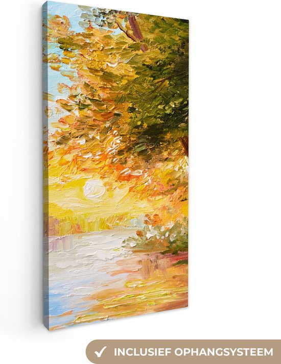 Canvas - Schilderij - Natuur - Bomen - Water - Olieverf - 40x80 cm - Canvasdoek - Schilderijen op canvas - Muurdecoratie