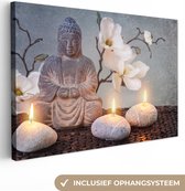Canvas schilderij - Boeddha beeld 90x60 - Kamer decoratie accessoires kaarsen en bloemen - Buddha schilderijen woonkamer - Wanddecoratie slaapkamer - Muurdecoratie keuken - Wanddoek interieur binnen - Woondecoratie huis - Woonaccessoires