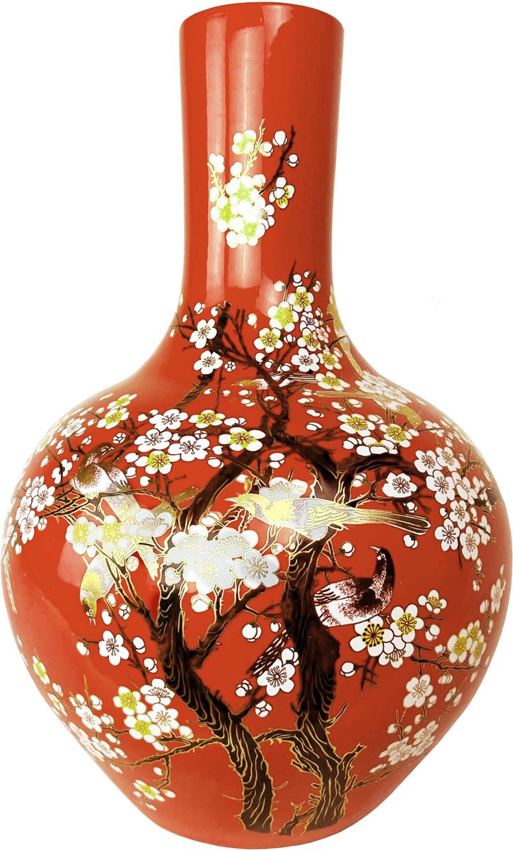 Fine Asianliving Chinese Vaas Rood Bloesems Handgemaakt D31xH47cm Multicolour, Goud