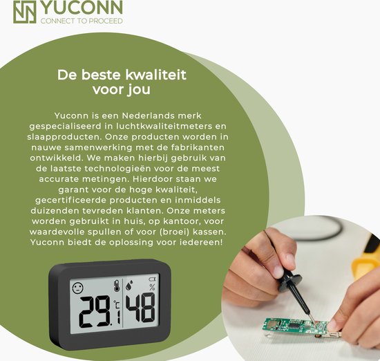 YUCONN Hygrometer - Weerstation - Thermometer Binnen - Digitaal Thermometer En Luchtvochtigheidsmeter - Inclusief Batterij en Plakstrip - Zwart