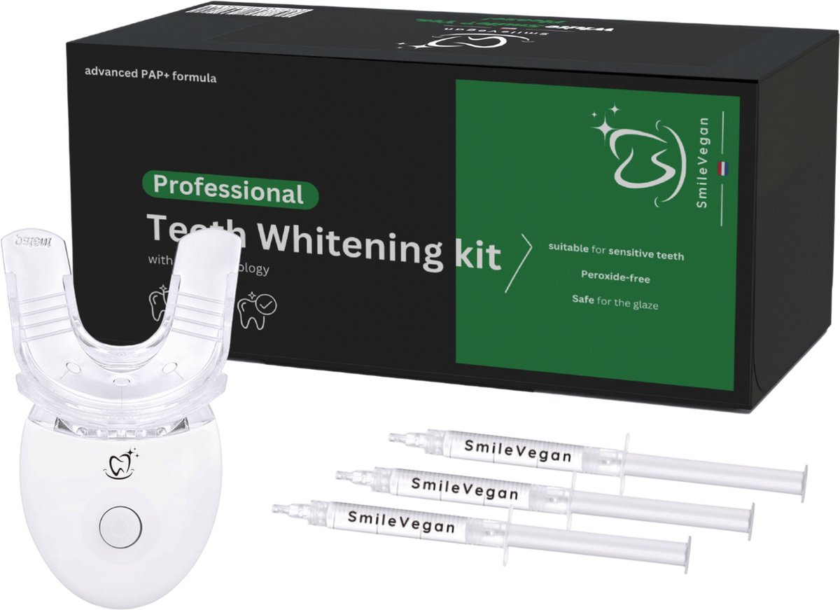 SmileVegan - Proffesional Whitening Kit - Zonder peroxide - 100% Natuurlijk - LED Tanden bleken - White Smile