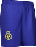 Blauw voetbalbroekje met elastische tailleband en clublogo in geel op de linkerpijp.