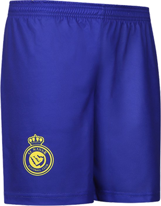 Blauw voetbalbroekje met elastische tailleband en clublogo in geel op de linkerpijp.