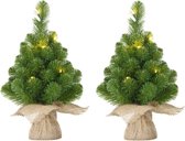 2x Mini kunst kerstboom met 10 LED lampjes 45 cm - Mini kerstboompjes