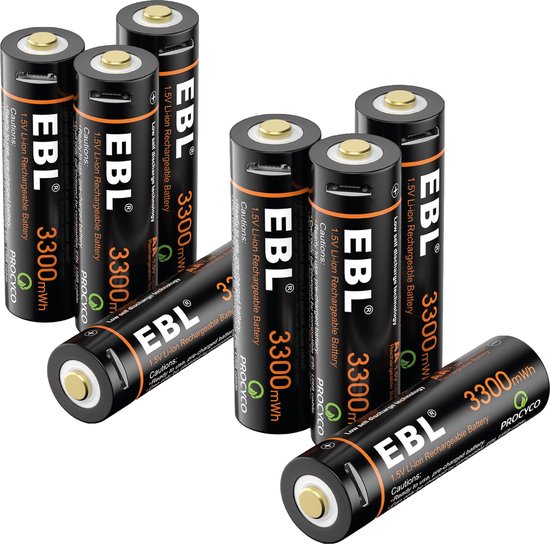 EBL Lot de 8 piles rechargeables AA – Batterie AA rechargeable 3 300 mWH  avec câble de