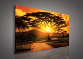 Canvas Schilderij - Afrika - Zonsondergang - Natuur - Savanne - Landschap - Dieren - Inclusief Frame - 100x75cm (lxb)